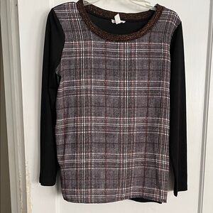 Tribal Plaid Front Long-Sleeve Top with Metallic Trim - Black, Brown, Red